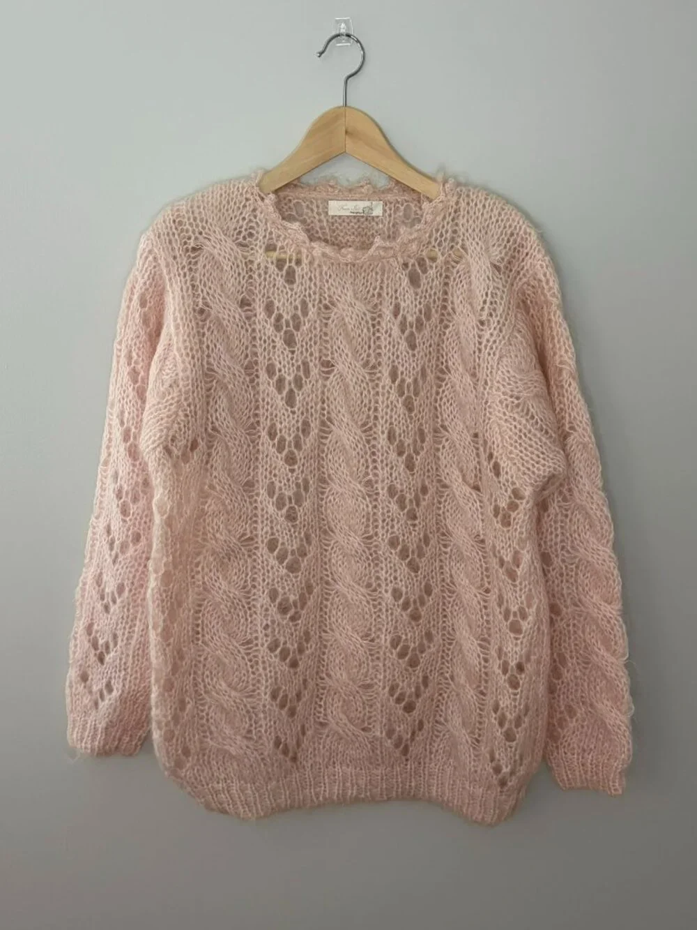 From Iris Pink Chunky Cable Knit Sweater Openwork Lace Mohair Style Oversized